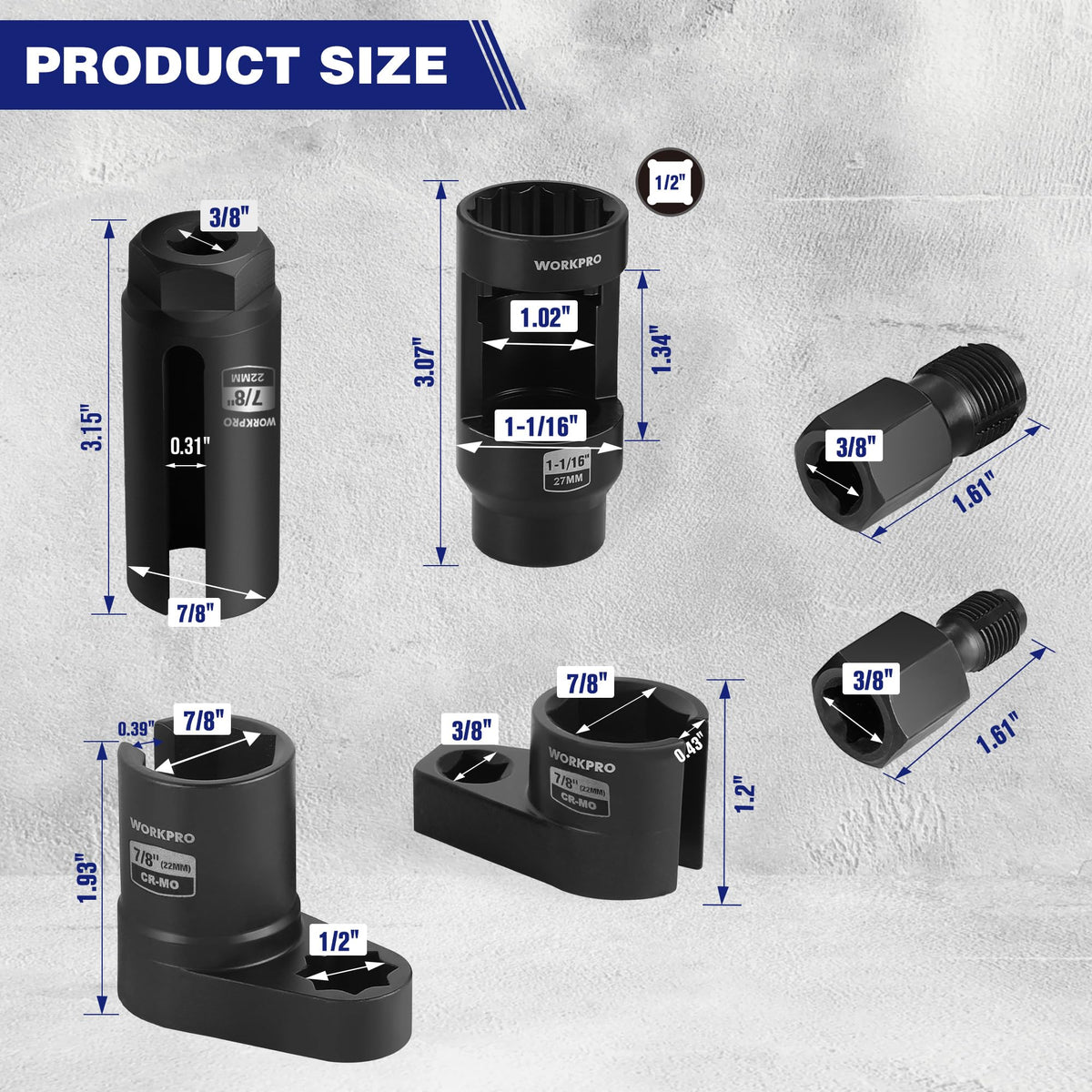 WORKPRO sockets lined up front view showing sizes and durable finish