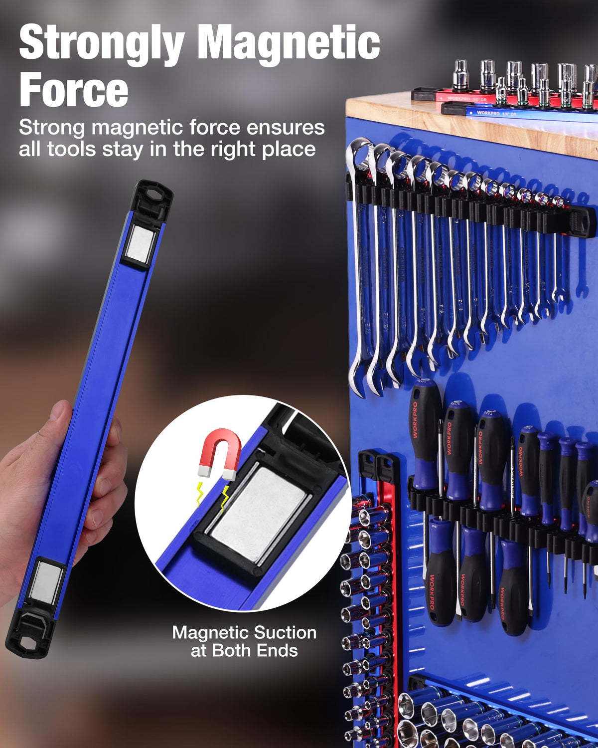 WORKPRO sockets lined on rails for visible arrangement and fast selection