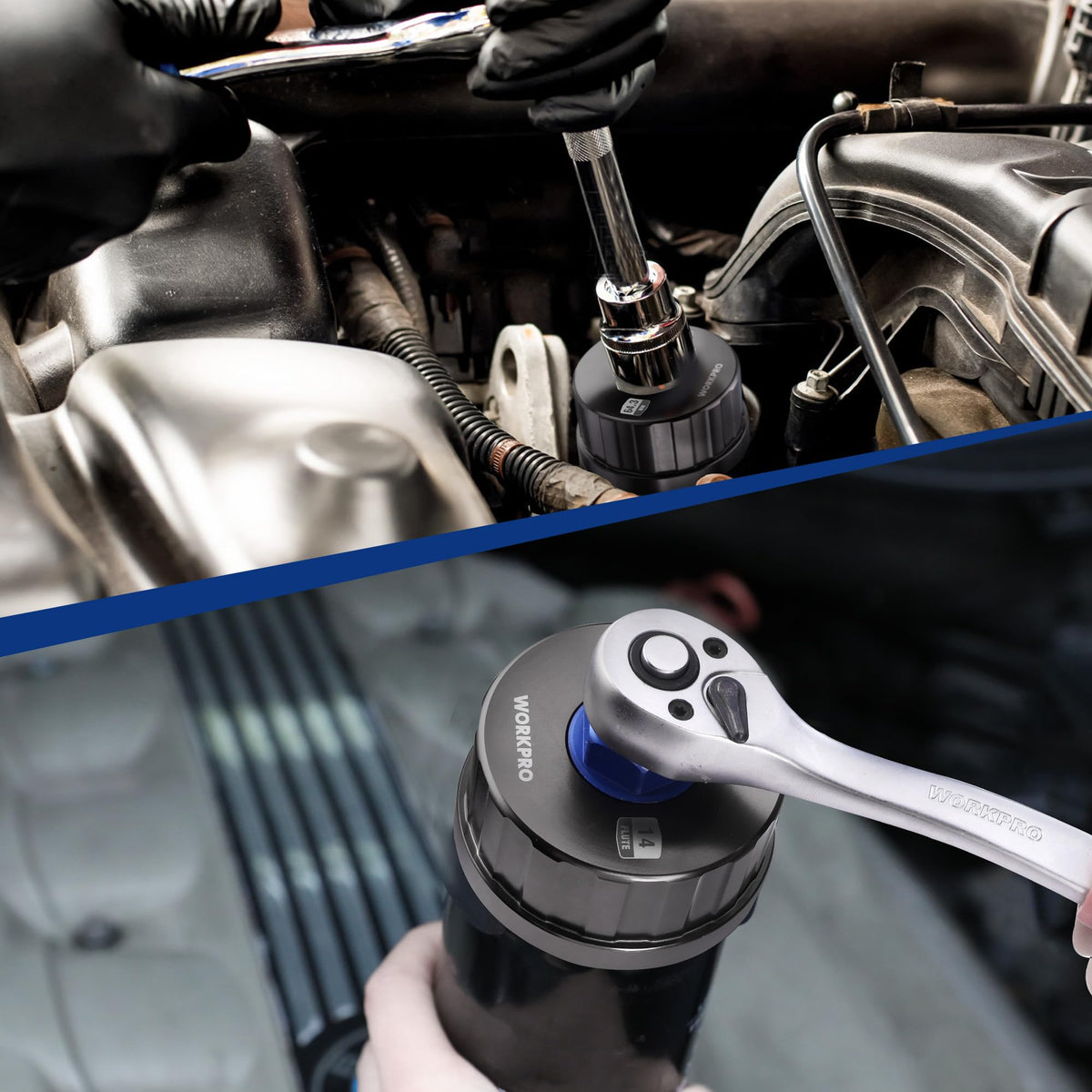 WORKPRO attached to 3/8" drive ratchet for easy access and leverage
