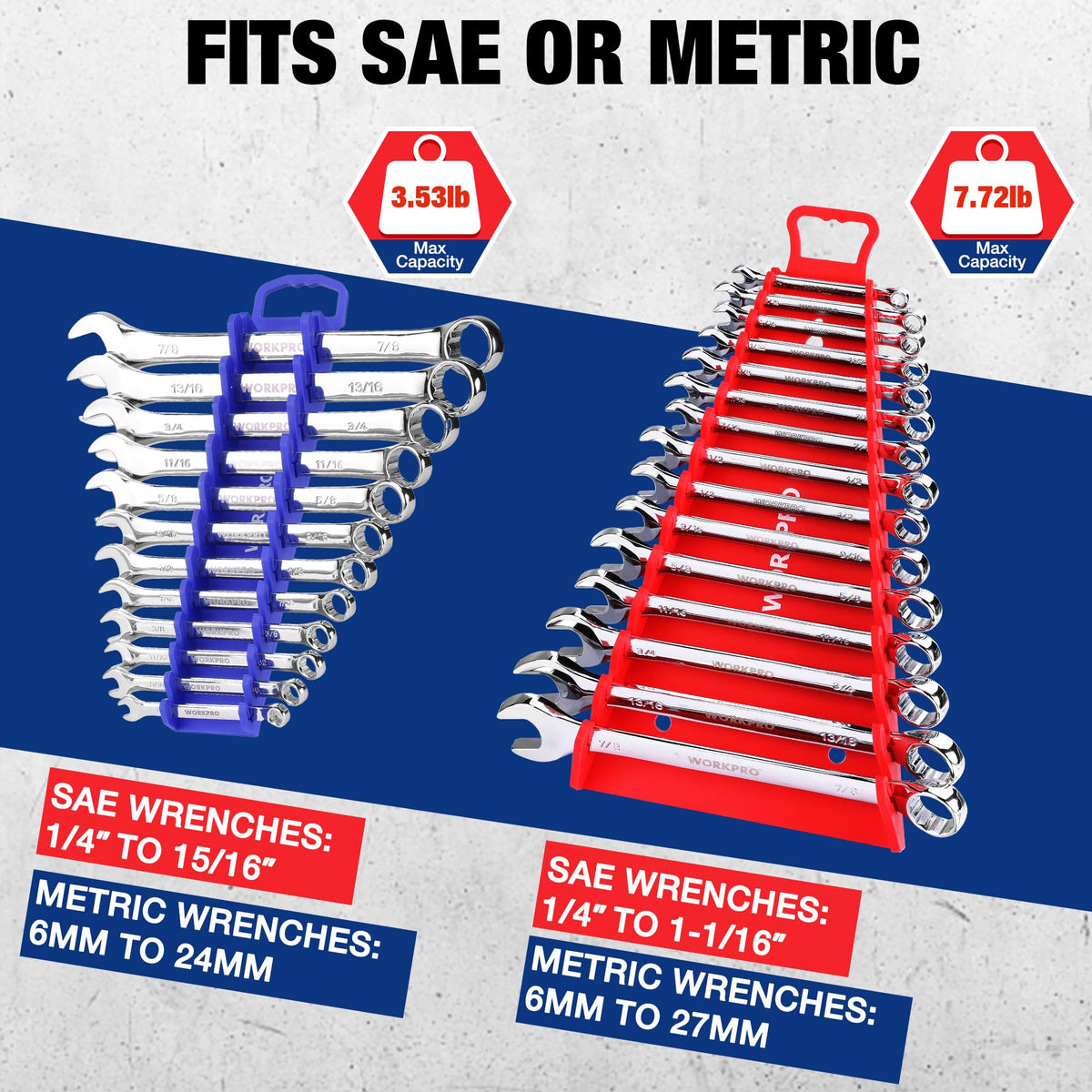 WORKPRO racks loaded with wrenches displaying metric and SAE sizes for efficient selection