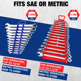 WORKPRO racks loaded with wrenches displaying metric and SAE sizes for efficient selection