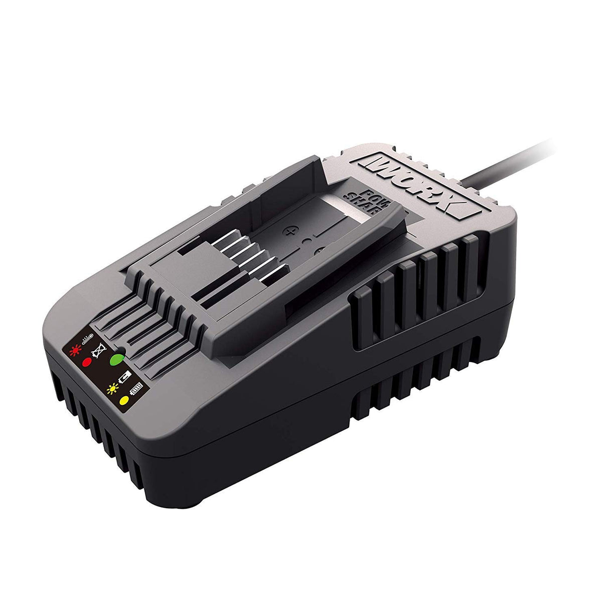 WORX WA3881 front view showing charger and clear indicator for fast readiness