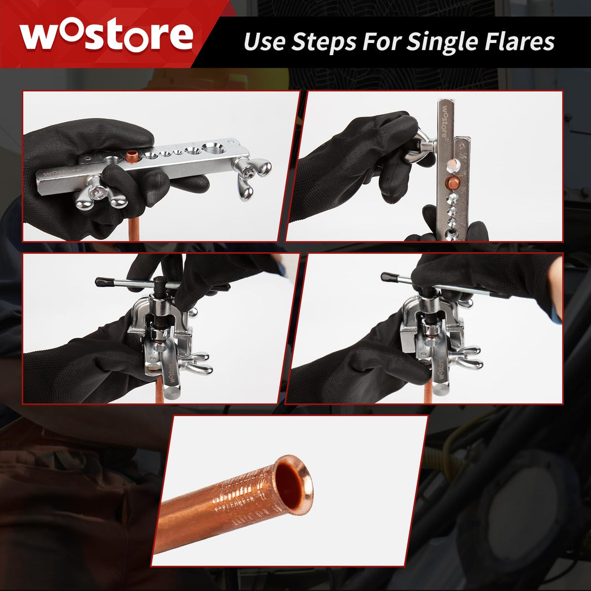 Wostore completed 45° flare on copper tube highlighting smooth face and improved sealing