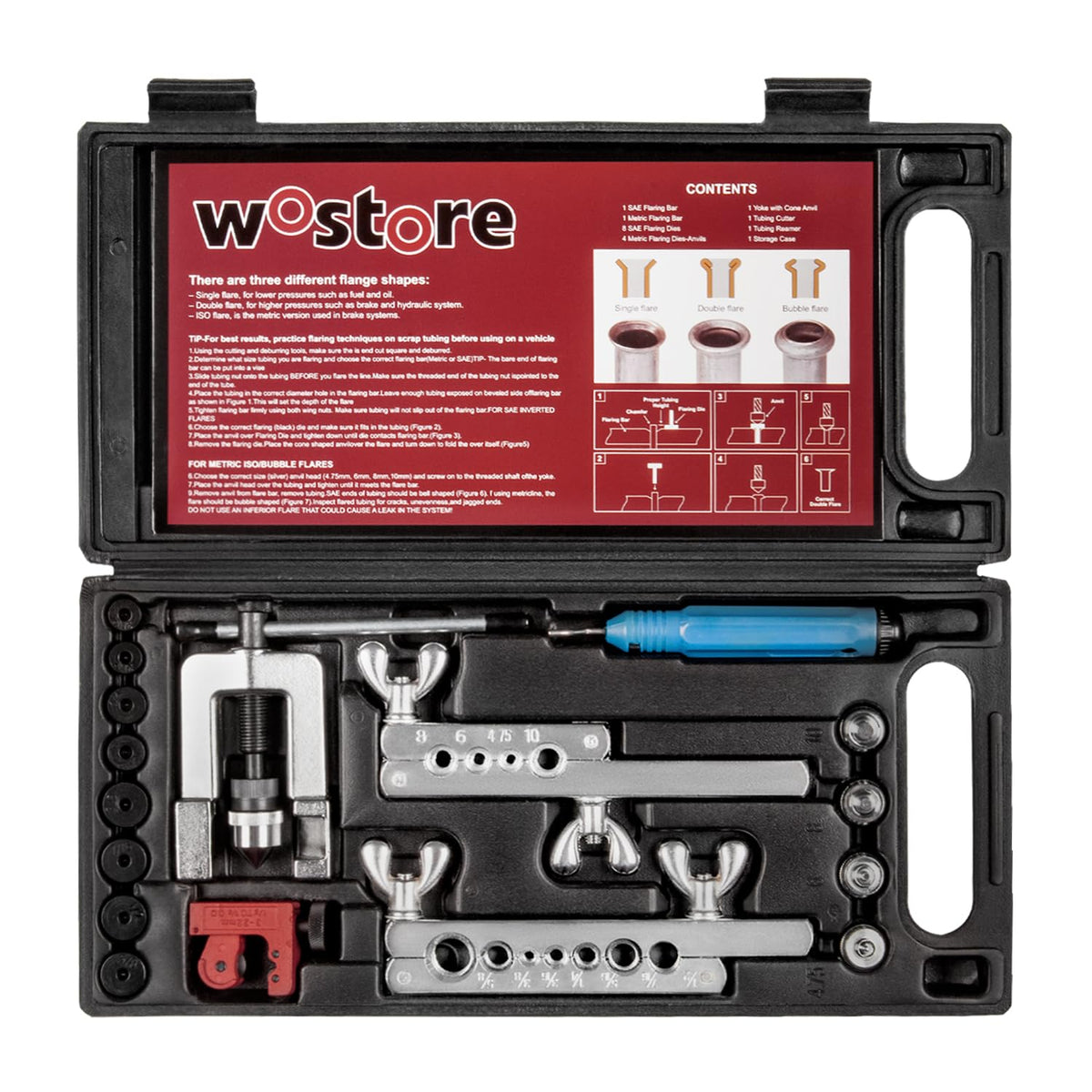 Wostore molded case with components organized to prevent loss and damage