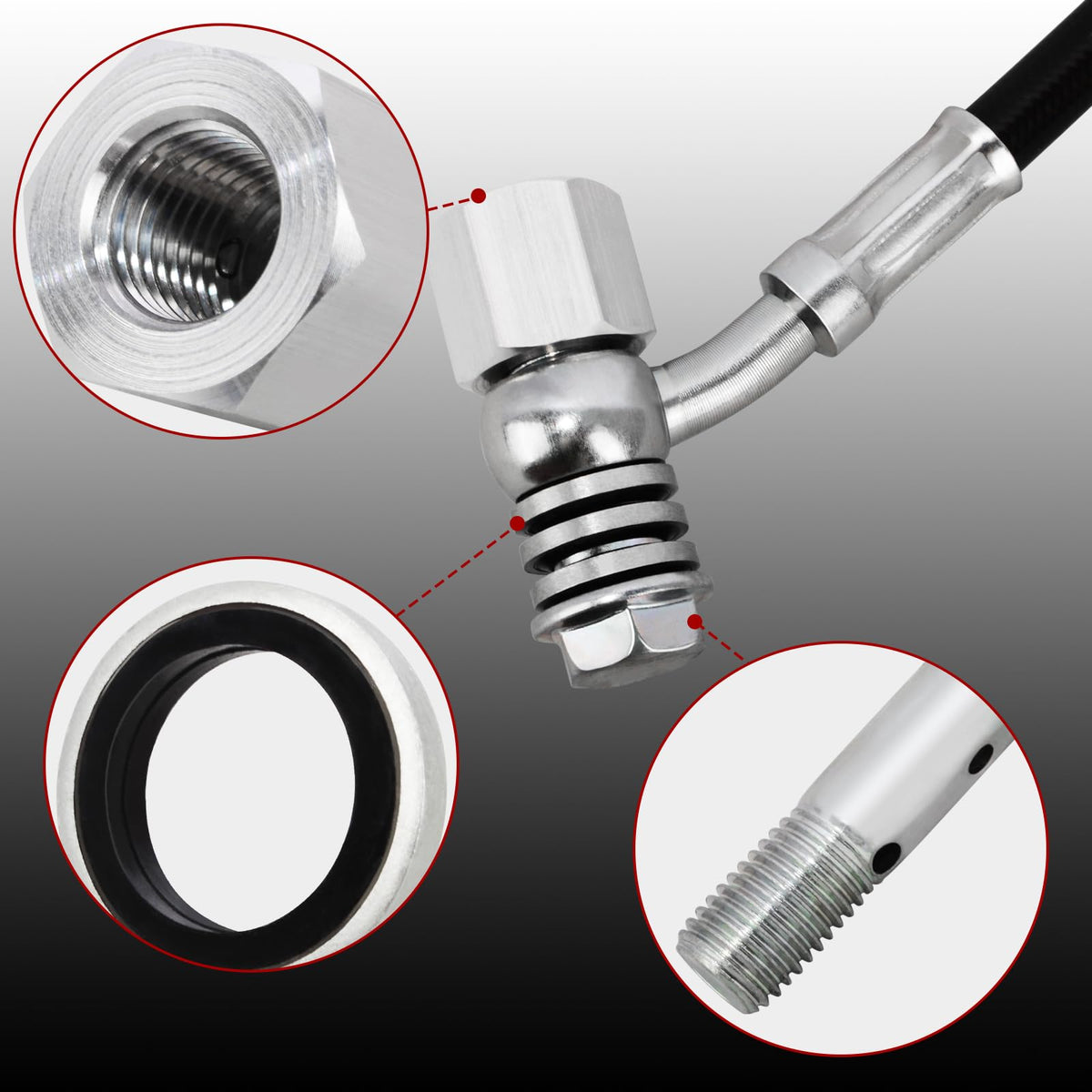 WOWTK installed on motorcycle brake line showing correct fit and improved clearance benefit