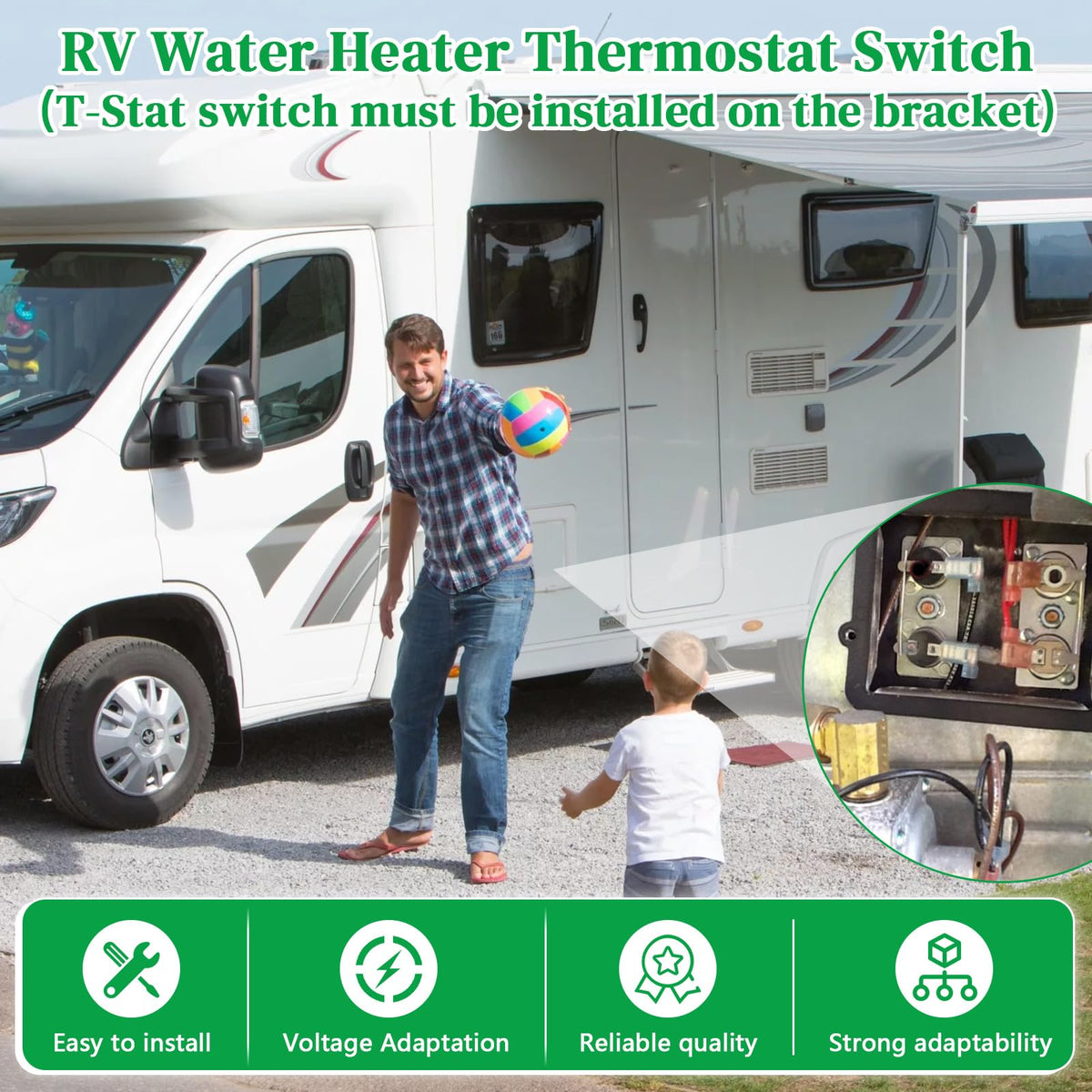 WPL in RV shower scene implying reliable hot water while traveling