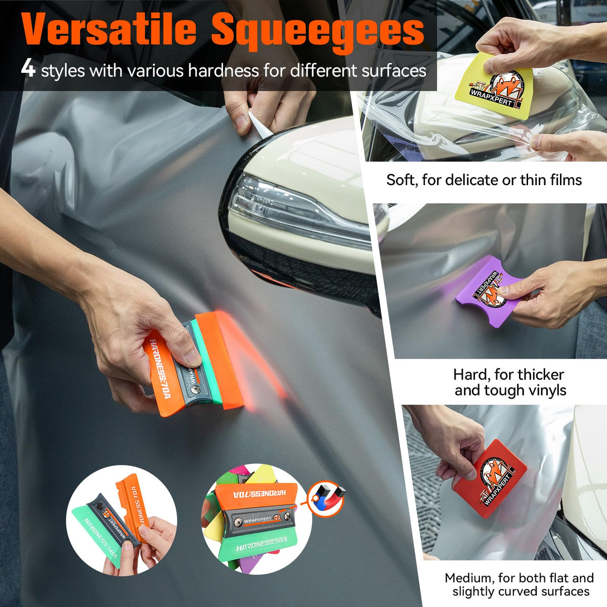 WRAPXPERT felt squeegee close-up protecting vinyl surface while smoothing air for flaw-free finish