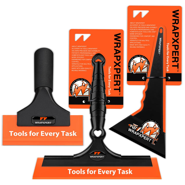 WRAPXPERT front view of full 3-step squeegee kit showing all tools and handle for professional results