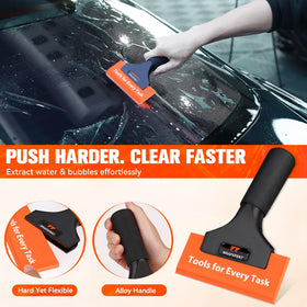 WRAPXPERT squeegee kit in use on a car windshield showing fast water removal and smoother film