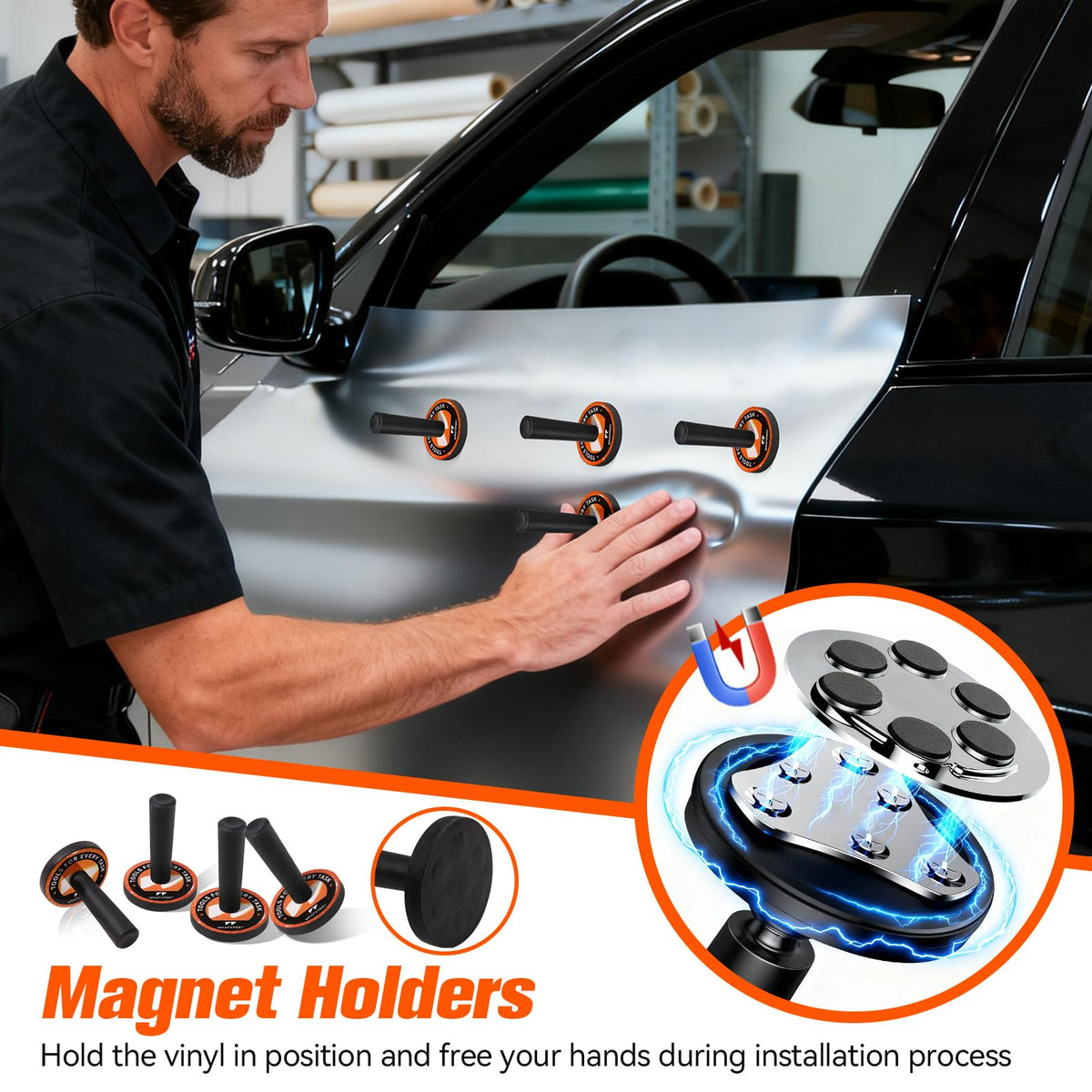 WRAPXPERT magnet holders attached to panel holding film steady for accurate alignment