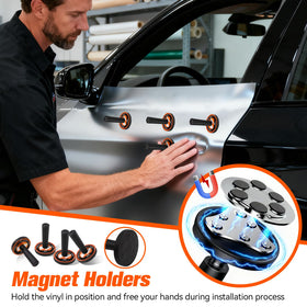 WRAPXPERT magnet holders attached to panel holding film steady for accurate alignment
