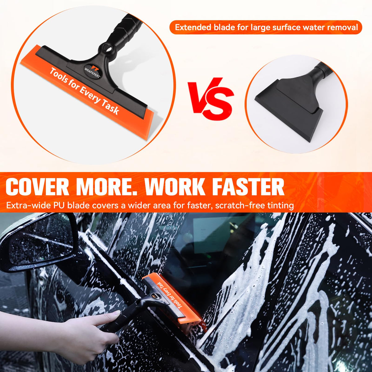 WRAPXPERT medium-hard PU blade on aluminum handle demonstrating pressure control to remove bubbles