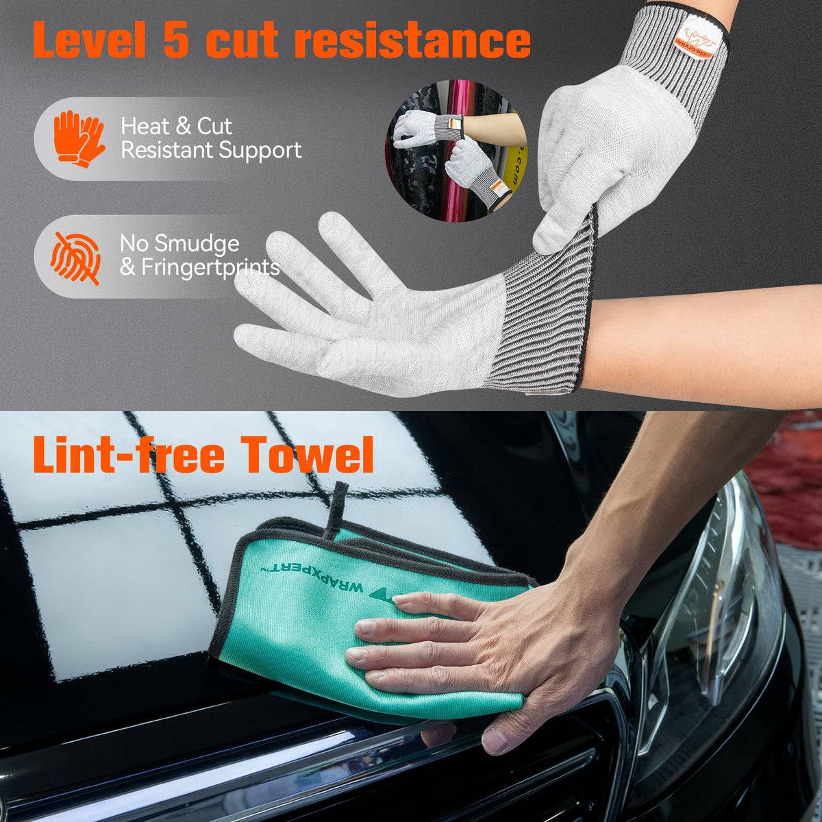 WRAPXPERT protective gloves and microfiber towel preventing fingerprints and surface scratches