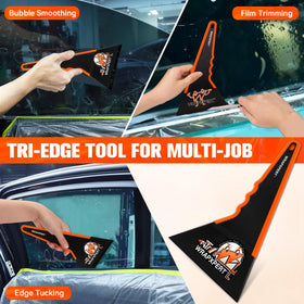 WRAPXPERT ultra-thin triangle squeegee close-up reaching tight corner for precise finishing