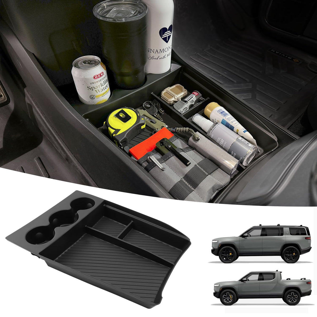 Wuchurth front view of console tray showing neat organized storage and quick reach benefit