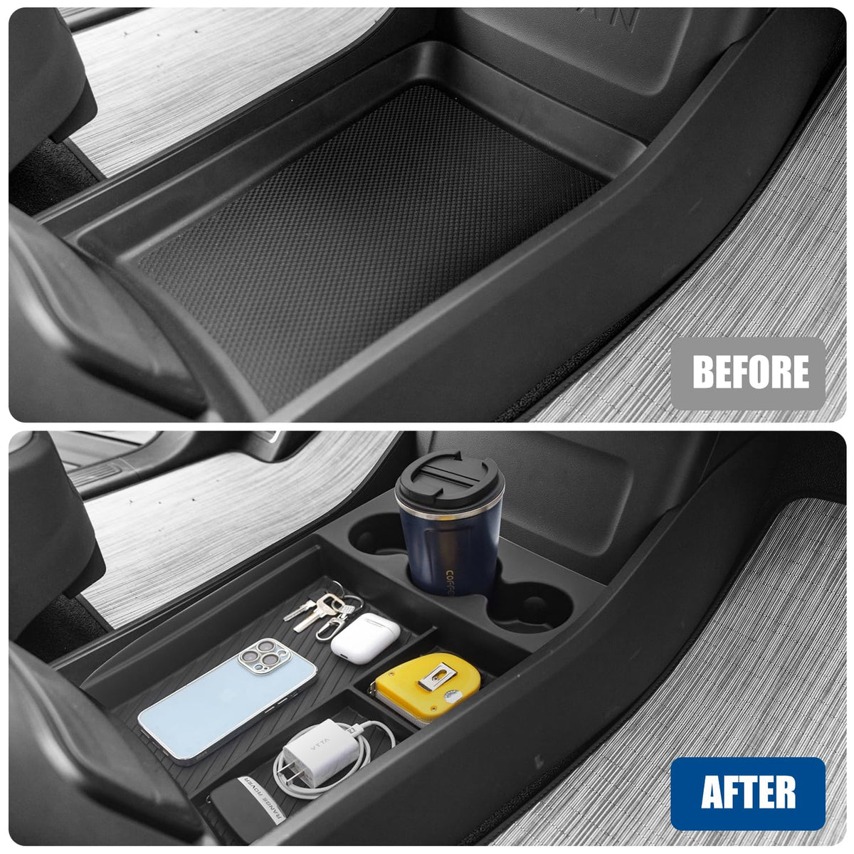 Wuchurth tray installed showing driver access to cup holders and reduced clutter benefit
