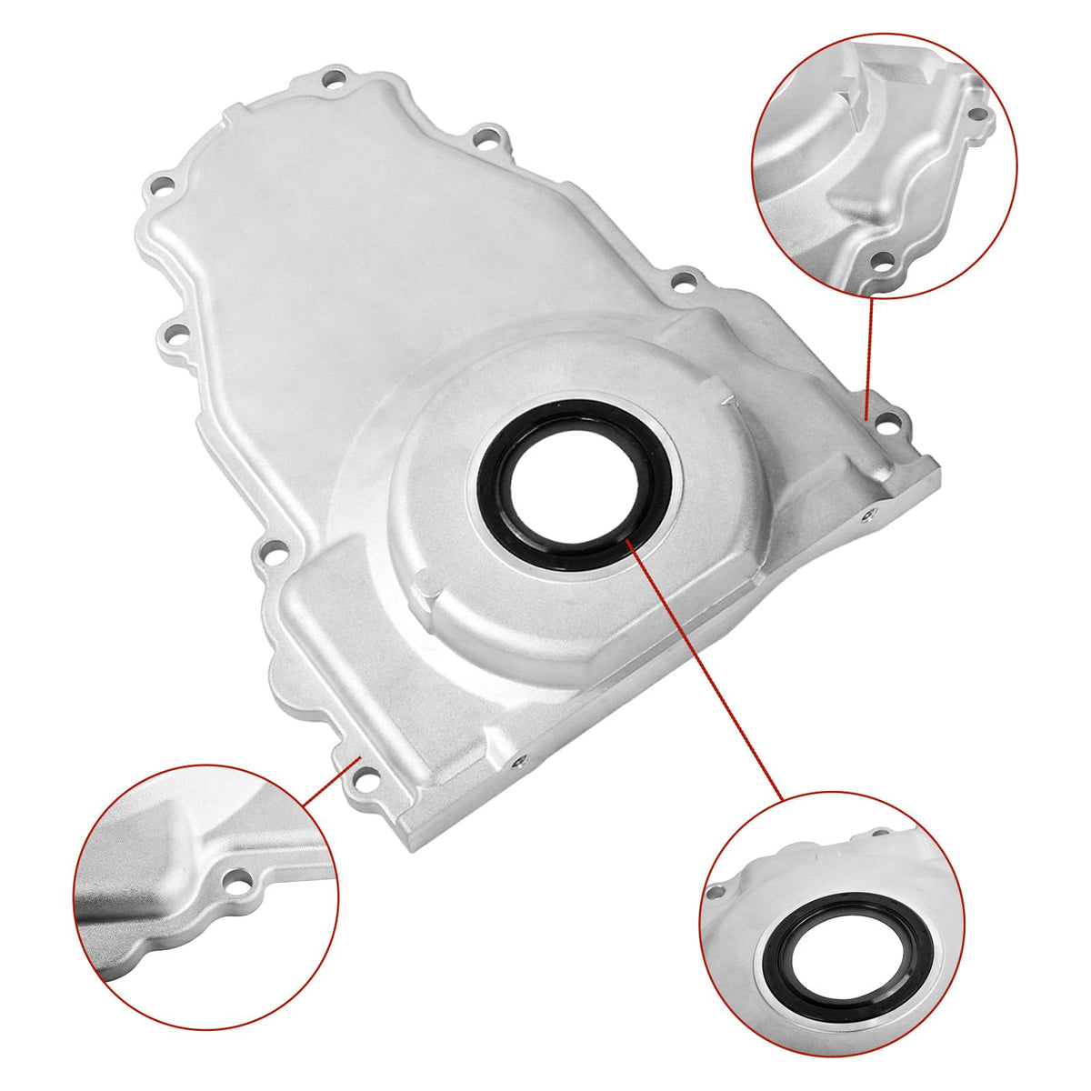 WULAZMU timing cover next to engine block for scale and installation clarity