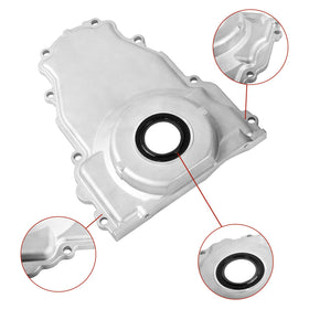 WULAZMU timing cover next to engine block for scale and installation clarity