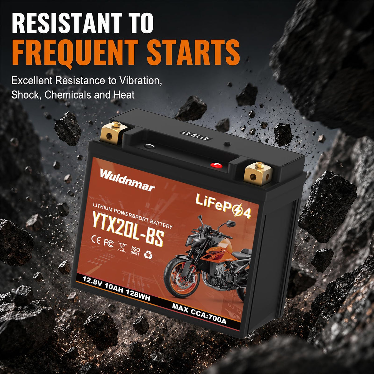 Wuldnmar next to a heavier lead-acid battery illustrating lightweight benefit