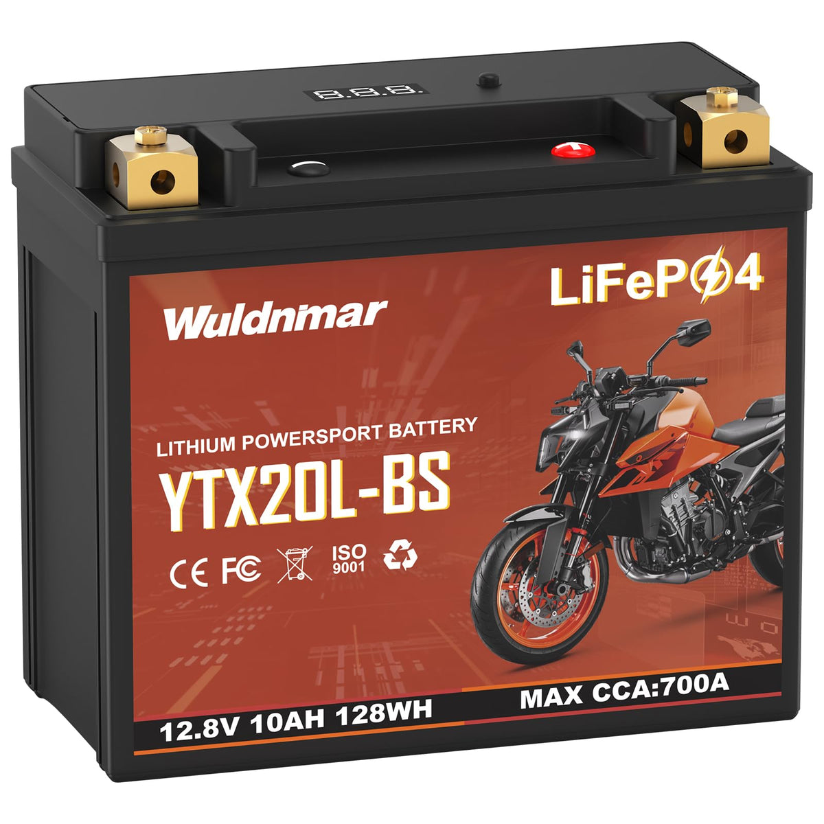 Wuldnmar battery front view showing compact LiFePO4 design and reliable starts