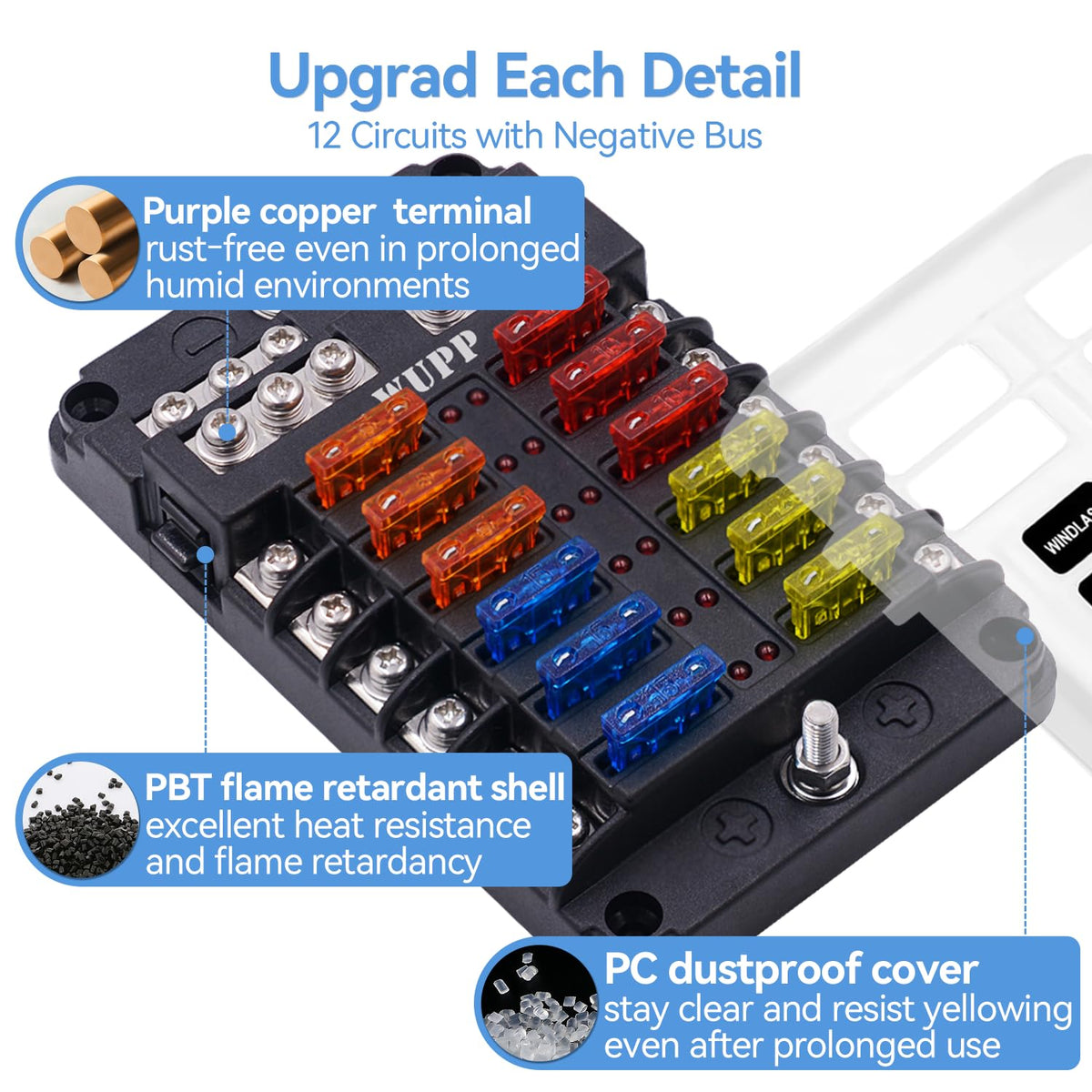 WUPP fuse block with waterproof cover closed protecting circuits from moisture