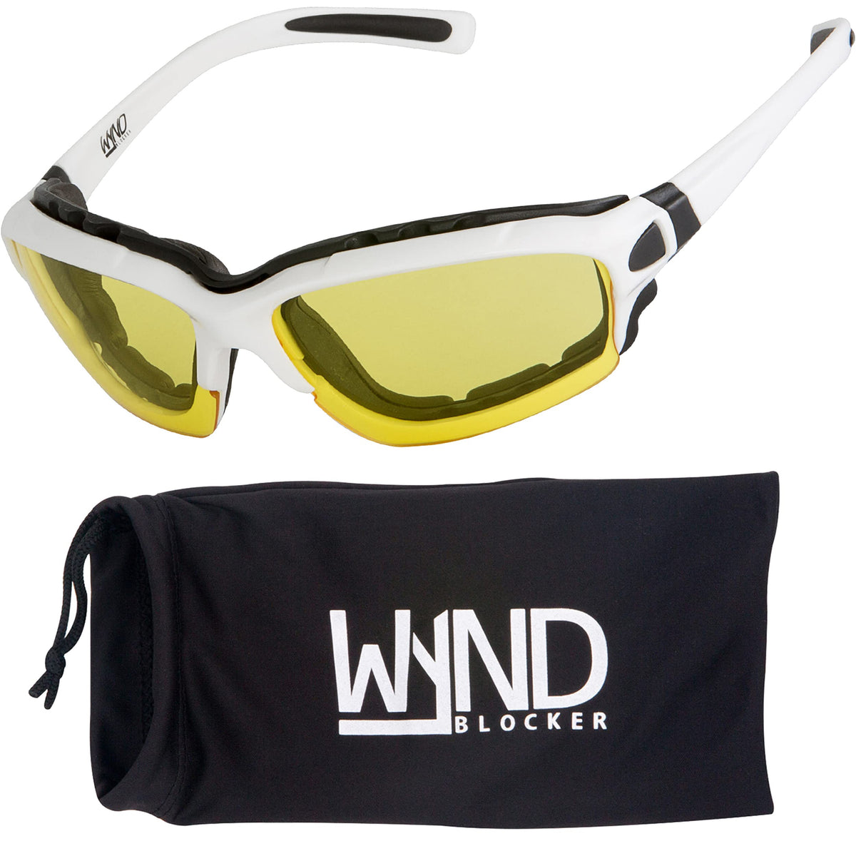 WYND Blocker front view of white-yellow Halvert sunglasses showing frame and lens for clear protection