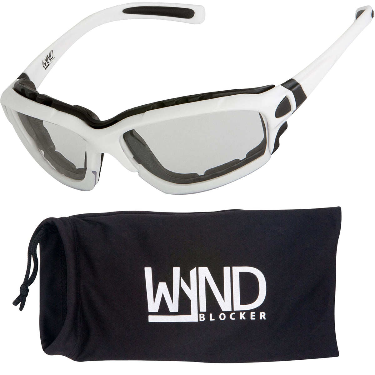 WYND Blocker front view white frame showing clear lenses and secure fit benefit