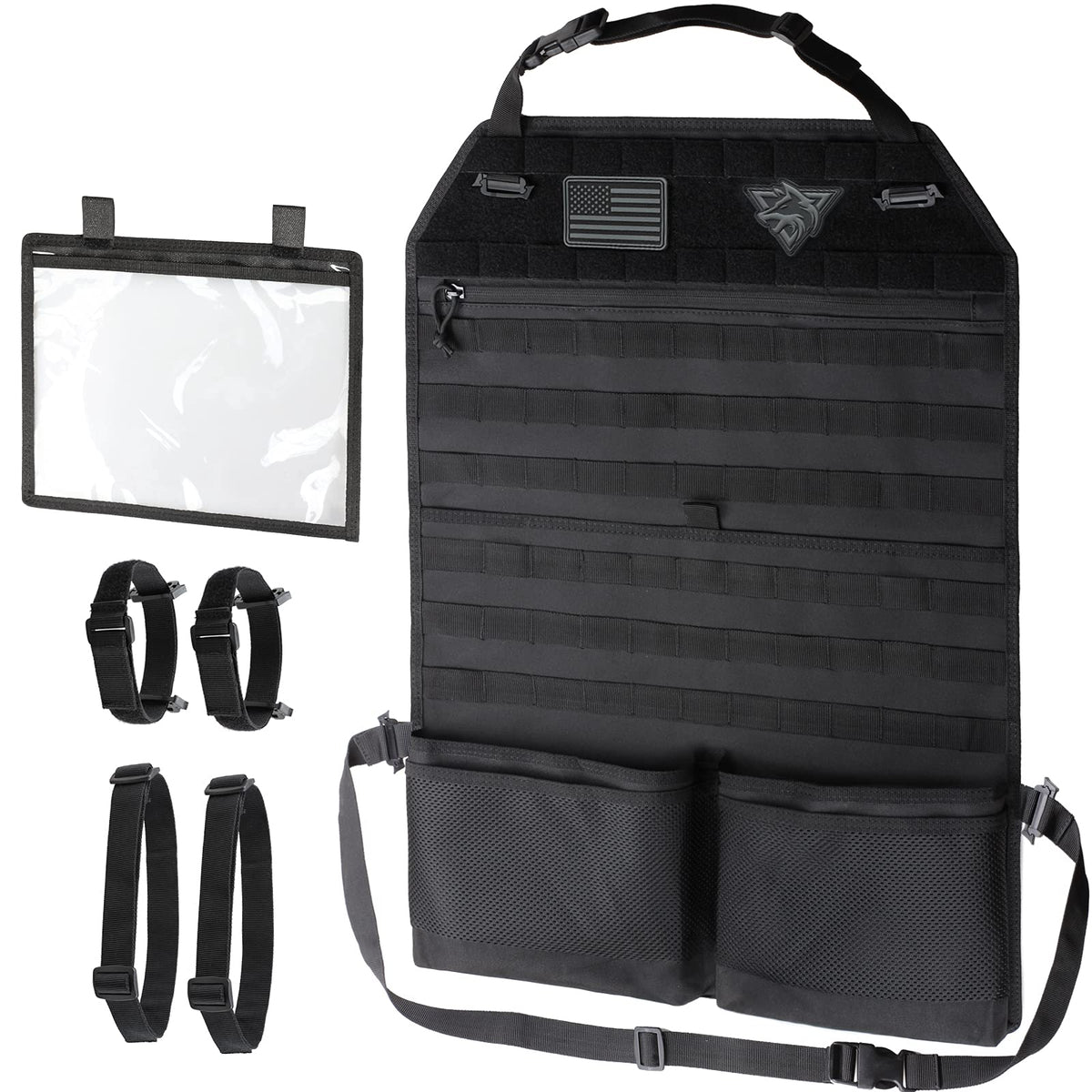 WYNEX front view of seatback organizer showing full coverage and pockets, protecting seat