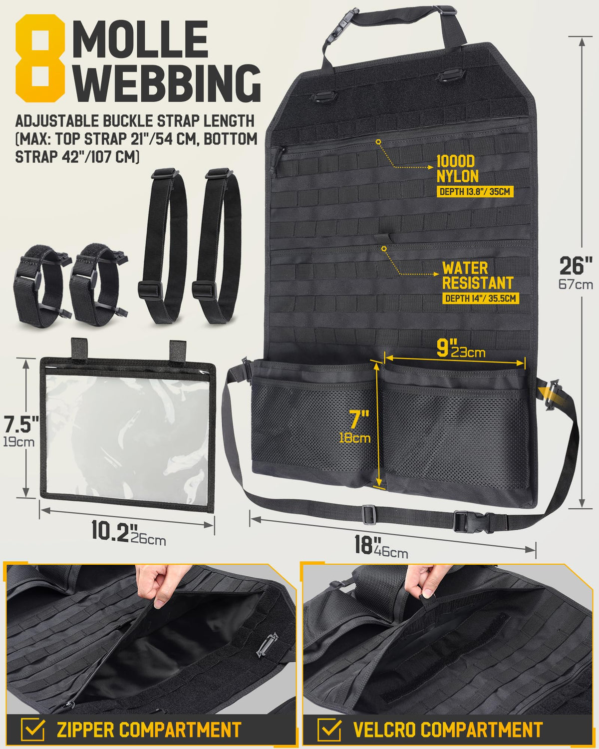 WYNEX organizer next to car seat demonstrating size and scale for fit guidance