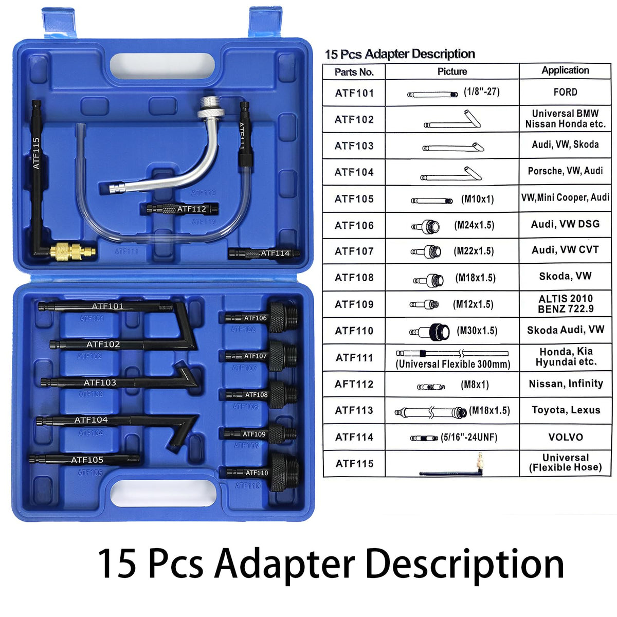 Wzyblixo assortment of 15 ATF adapters in toolbox for broad vehicle compatibility
