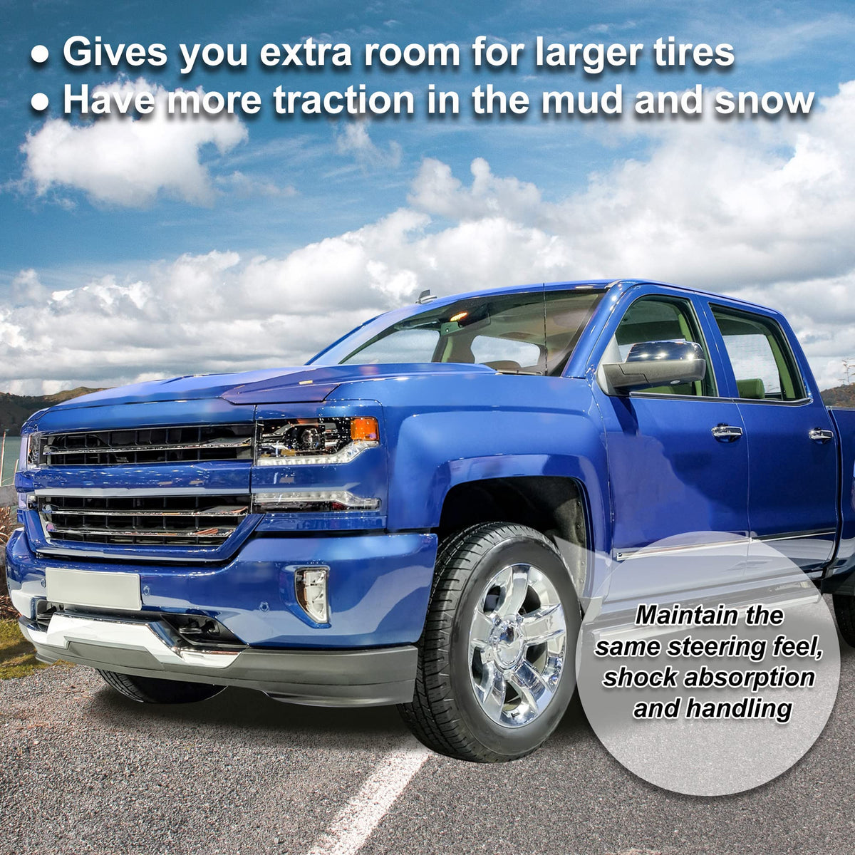 X AUTOHAUX spacers installed on Silverado front demonstrating leveled stance