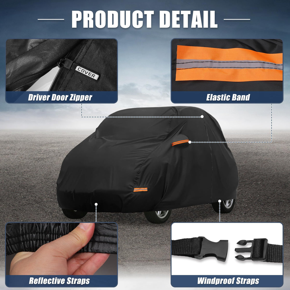 X AUTOHAUX windproof strap and elastic hem securing cover in strong winds