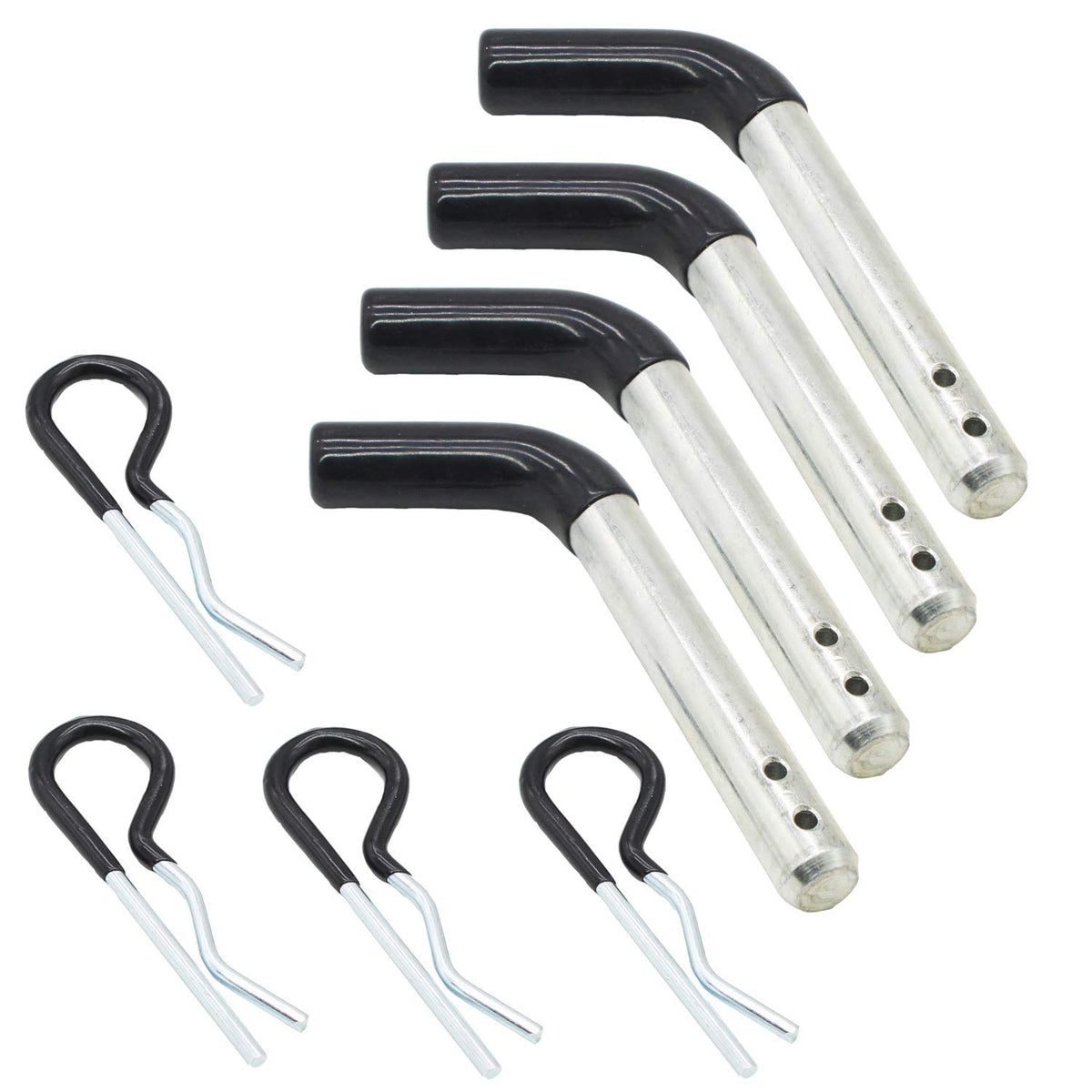 X-Haibei front view of four hitch pins showing durable zinc plating and vinyl heads, secure fit