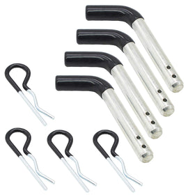 X-Haibei front view of four hitch pins showing durable zinc plating and vinyl heads, secure fit