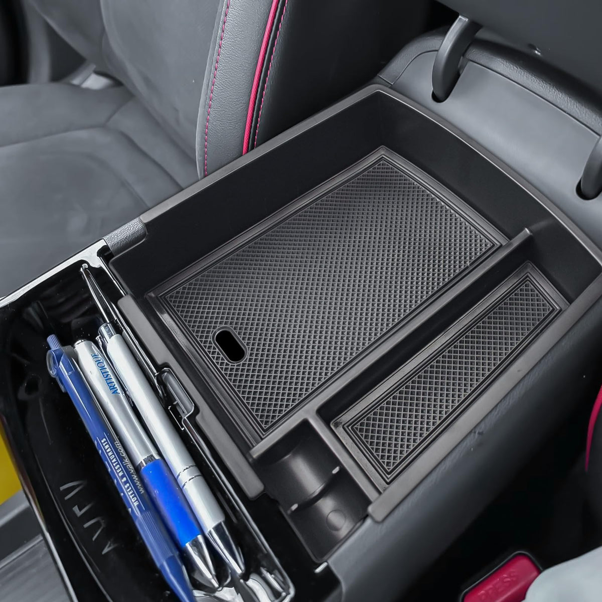 X-TKER front view showing fit in Tucson console and added organized storage