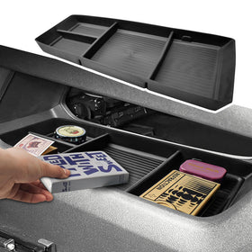 X-TKER front view of under-console organizer showing neat storage benefit