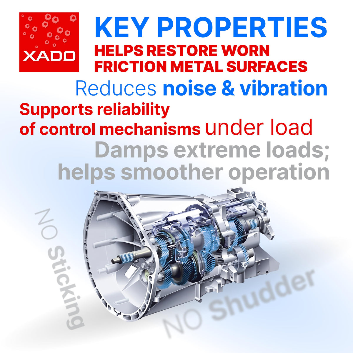 XADO before-and-after gearbox illustration showing reduced shudder and restored shifting