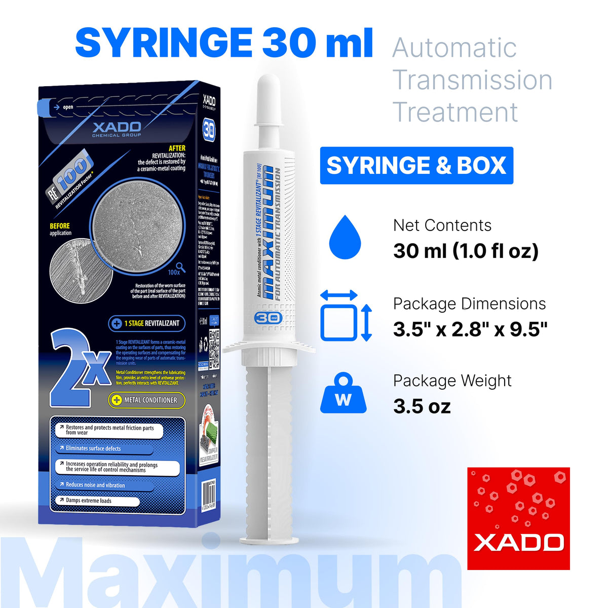 XADO label detail close-up highlighting Revitalizant formula benefits and usage instructions