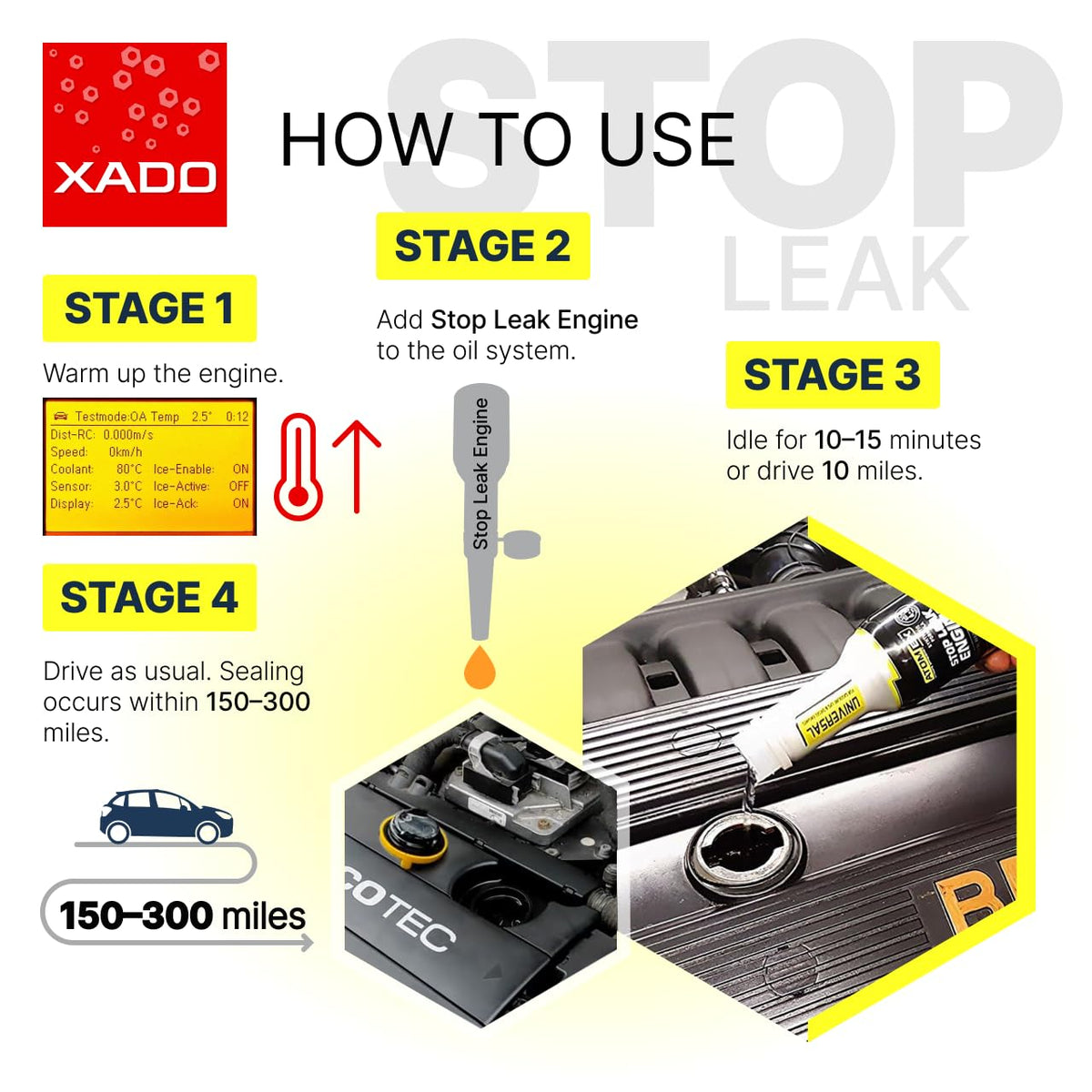 XADO ATOMEX applied in a car engine bay reducing leaks and noise