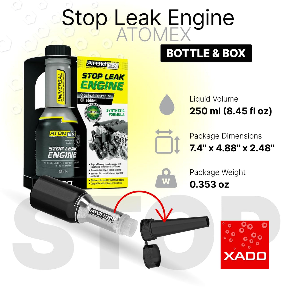 XADO ATOMEX label close-up highlighting usage instructions and benefits