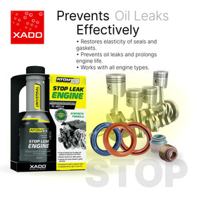 XADO ATOMEX being poured into engine oil to stop leaks and restore seals