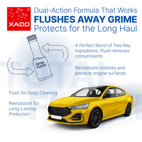 XADO being poured into engine oil filler showing easy pre‑service application