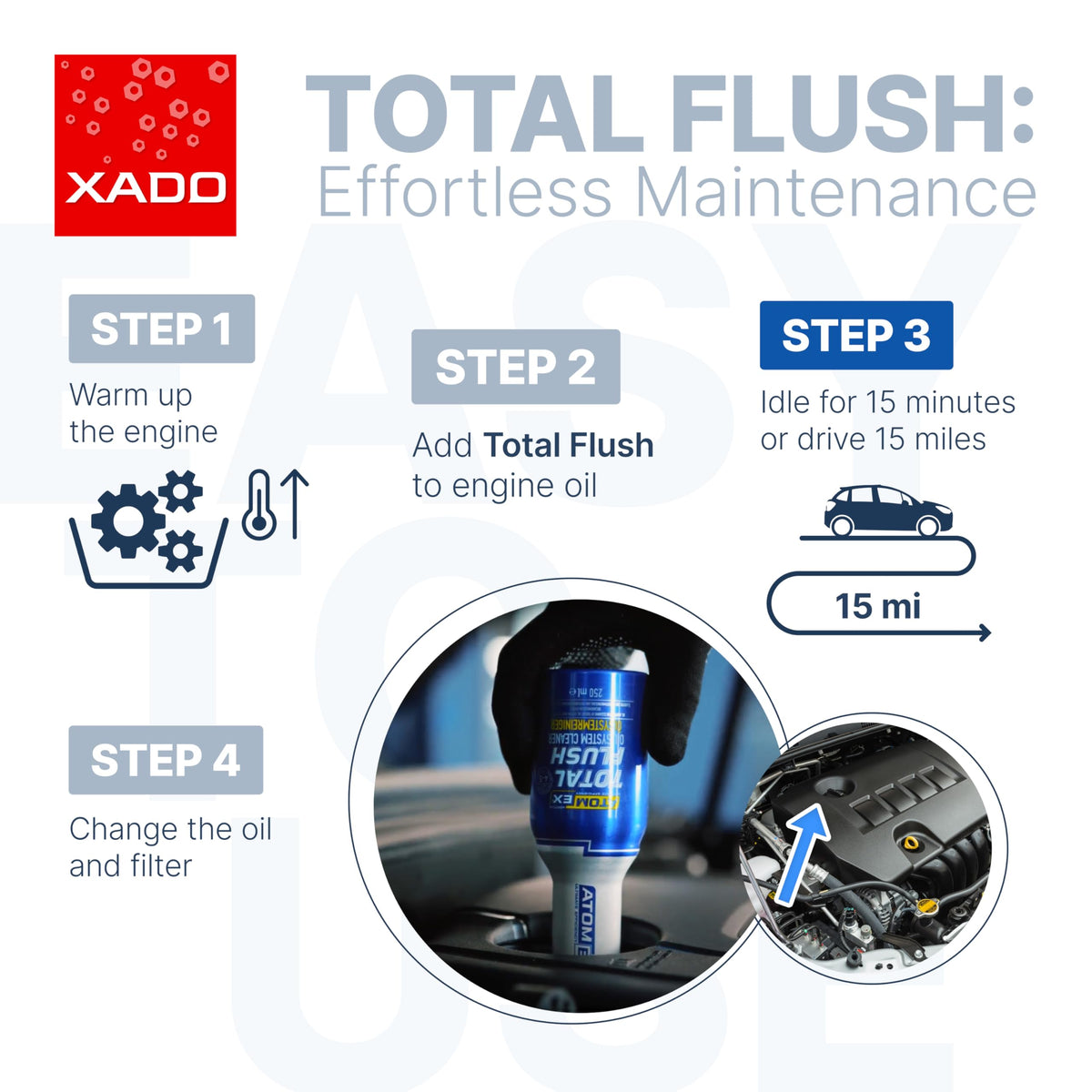 XADO 250ml bottle beside a ruler showing compact size and easy storage