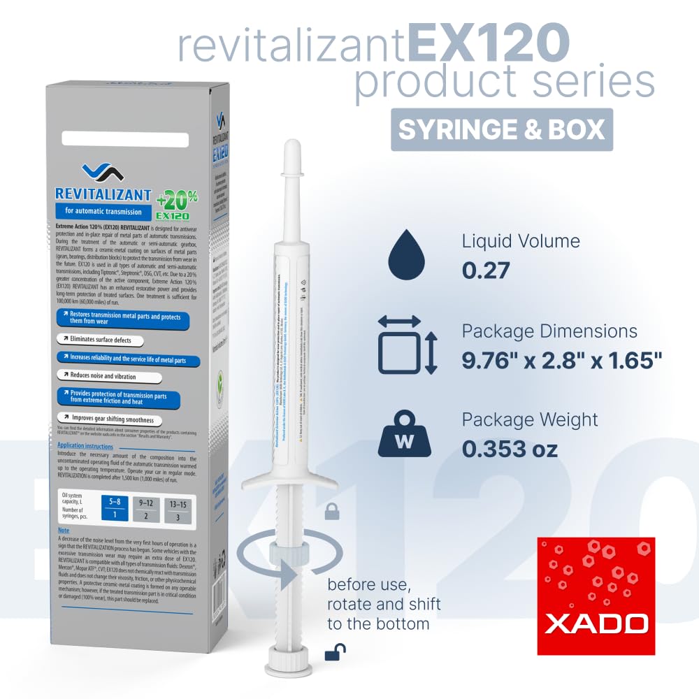 XADO bottle pouring into transmission dipstick tube, easy application benefit