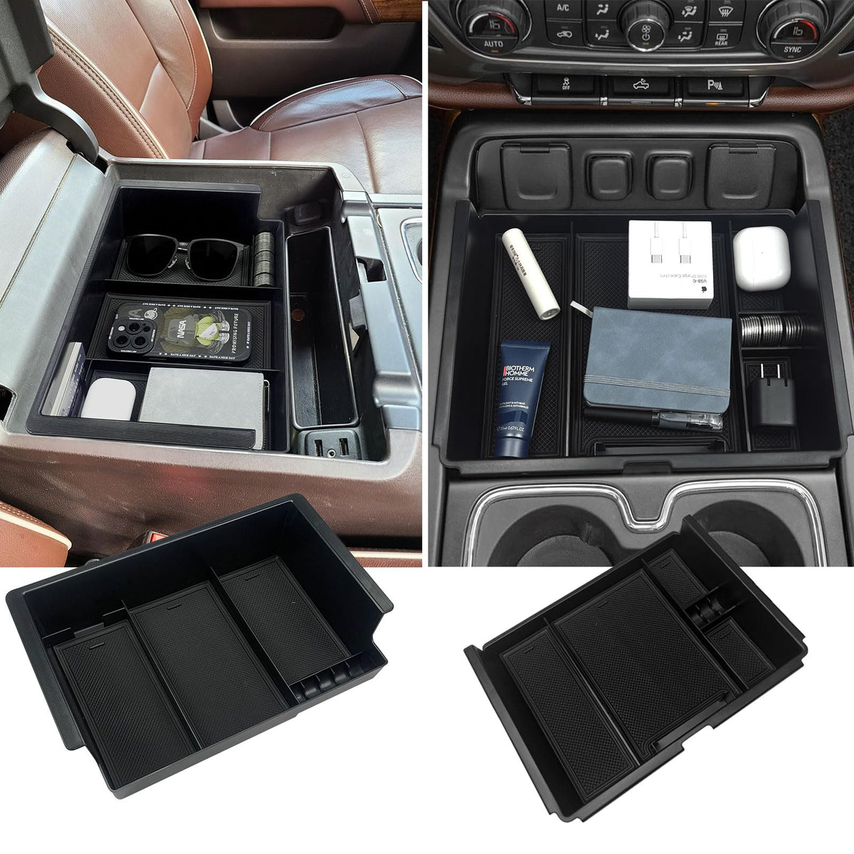 Xaido front view installed in Silverado console shows neat organization and quick access