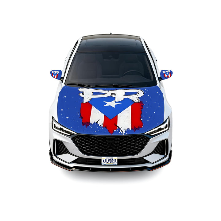 Xalvoria hood cover on car front showing Puerto Rico design and protective finish