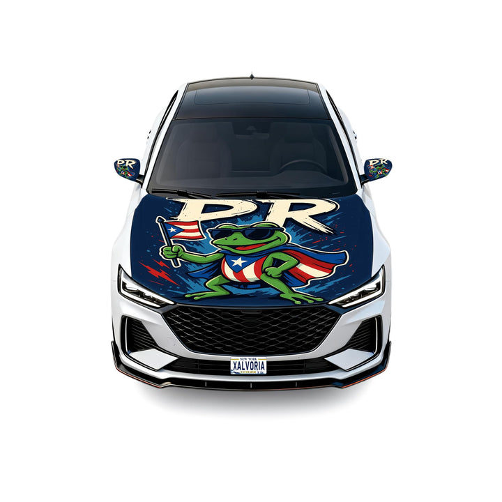 Xalvoria hood front view showing Coqu frog flag design and protective benefit