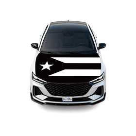 Xalvoria front view of black and white Puerto Rico flag hood cover showing bold design and instant impact