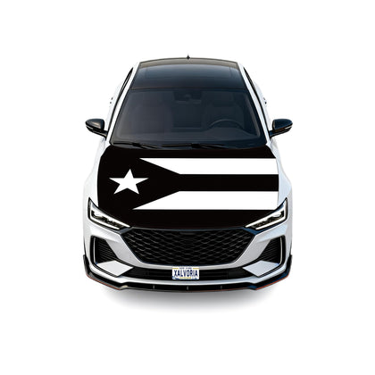 Xalvoria front view of black and white Puerto Rico flag hood cover showing bold design and instant impact