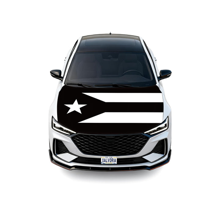 Xalvoria front view of black and white Puerto Rico flag hood cover showing bold design and instant impact